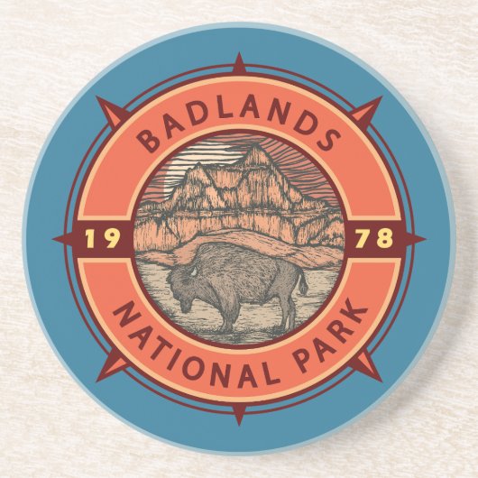 nationaal park Badlands Buffalo Retro Compass Zandsteen Onderzetter (Voorkant)