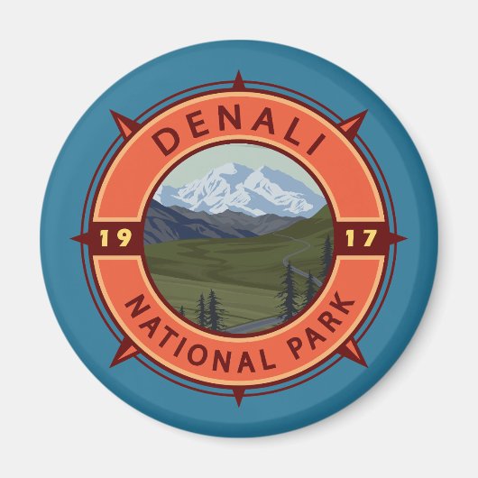 Nationaal park Denali Retro Compass Emblem Magneet (Voorkant)