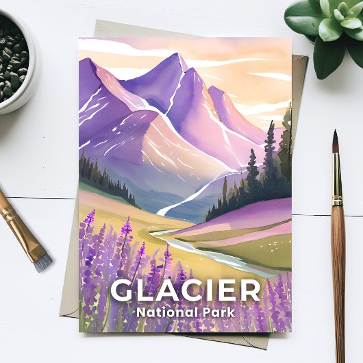 Nationaal park Glacier | Spring Lavendel Waterverf Briefkaart
