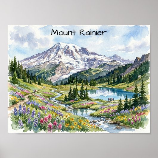 Nationaal Park Mount Rainier Aquarel Kunst Poster (Voorkant)