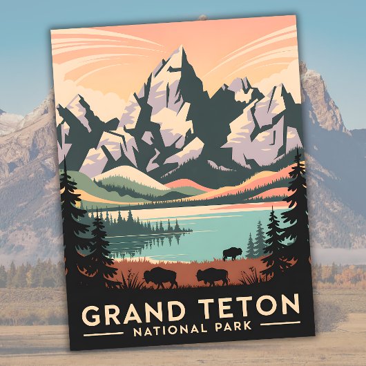Nationaal park Pastel Retro Grand Teton met bizon Briefkaart