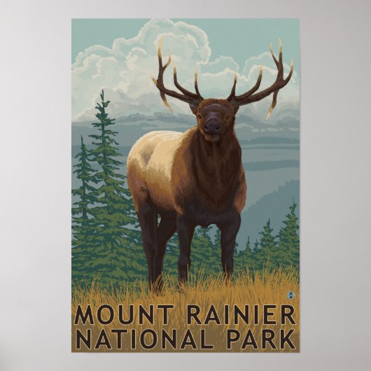 Nationaal park Rainier, Washington Elk Scene Poster (Voorkant)