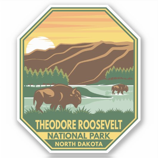 Nationaal park Theodore Roosevelt Bison Retro Sticker (Voorkant)