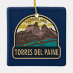 Nationaal park Torres del Paine - Chileense Vintag Keramisch Ornament<br><div class="desc">Torres Del Paine National Park vectorkunst ontwerp. Het nationaal park Torres del Paine,  in de Chileense regio Patagonië,  staat bekend om zijn torenhoge bergen en helderblauwe ijsbergen.</div>