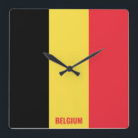 Nationaal vlaggenstaatpatriottisch België Vierkante Klok<br><div class="desc">Belgisch nationaal vlagpatriottisch vierkant wandklok met de landvlag in de nationale kleuren die de hele tijd worden gedrukt. De naam van het land is subtiel geïntegreerd in het ontwerp onderaan. De tekst is volledig aanpasbaar gebruikend "pas het aan!" Kenmerken. Dit charmerende ontwerp is het verbluffende geschenk en het geweldige show...</div>