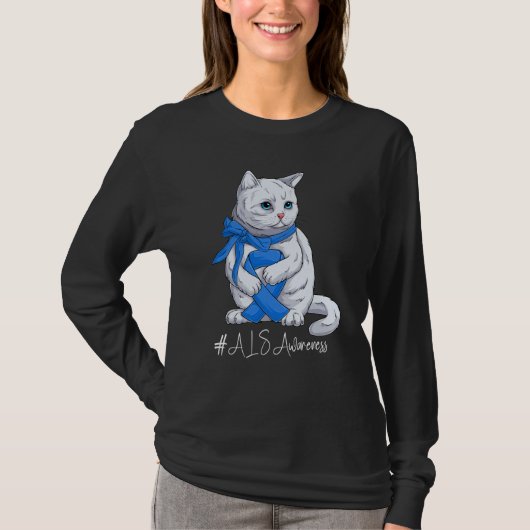 National ALS Awareness Month Blue Ribbon Cute Cat T-shirt (Voorkant)