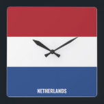 National Flag Patriotic Nederland Vierkante Klok<br><div class="desc">De Nationale Vlag Patriottische Vierkante Muur Klok met de vlag van het land in de nationale kleuren gedrukt over de klok. Landnaam is subtiel geïntegreerd in het ontwerp aan de onderkant. Tekst kan volledig worden aangepast met de functie "Aanpassen!". Dit charmante ontwerp is het prachtige geschenk en het grote shows...</div>