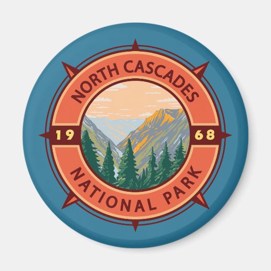 National Park Retro Compass Embleem North Cascades Magneet (Voorkant)