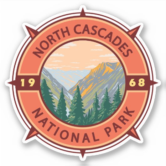 National Park Retro Compass Embleem North Cascades Sticker (Voorkant)