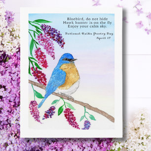 Nationale Haiku Aquarel Blauwe Vogel In Seringboom Briefkaart