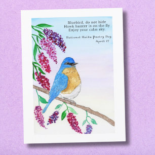 Nationale Haiku Aquarel Blauwe Vogel In Seringboom Kaart
