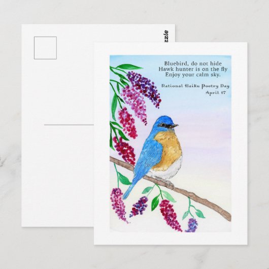 Nationale Haiku Waterverf Blauwe Vogel in Lila Boo Briefkaart (Voorkant / Achterkant)