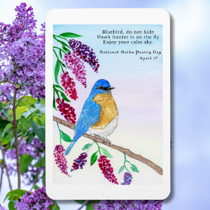 Nationale Haiku Waterverf Blauwe Vogel in Lila Boo Magneet