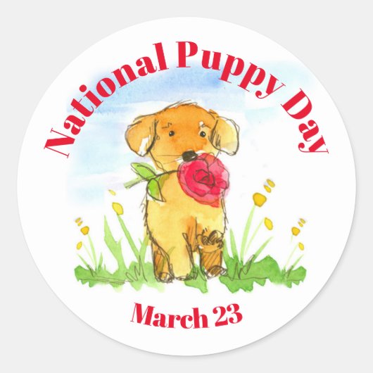 Nationale Puppy Dag 23 maart Waterverf Hond Ronde Sticker (Voorkant)