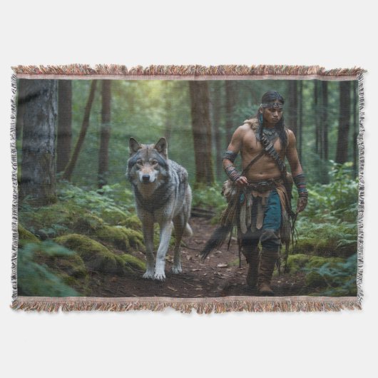 Nativ American Warrior & Wolf Wildlife Design Deken (Voorkant)