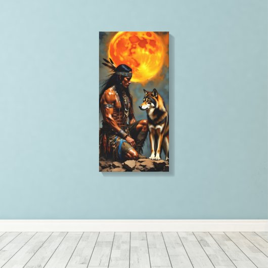Native American and Wolf Canvas Afdruk (Insitu (Houten vloer))
