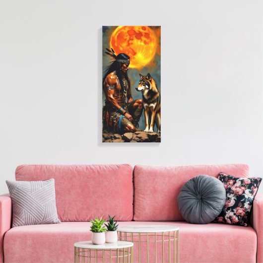 Native American and Wolf Canvas Afdruk (Insitu (Woonkamer))