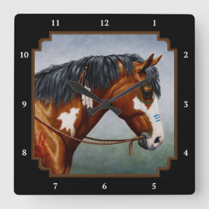 Native American Bay Pinto Horse Vierkante Klok