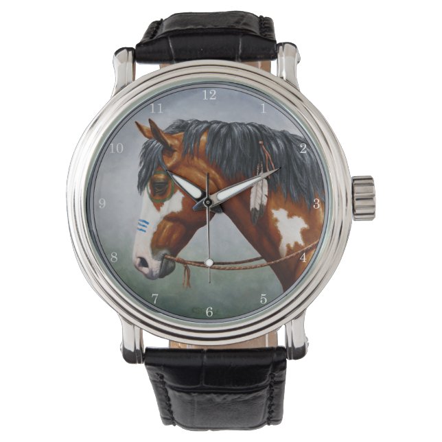 Native American Bay Pinto War Horse Horloge (Voorkant)