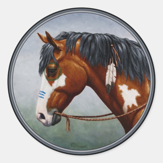 Native American Bay Pinto War Horse Ronde Sticker (Voorkant)