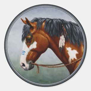 Native American Bay Pinto War Horse Ronde Sticker