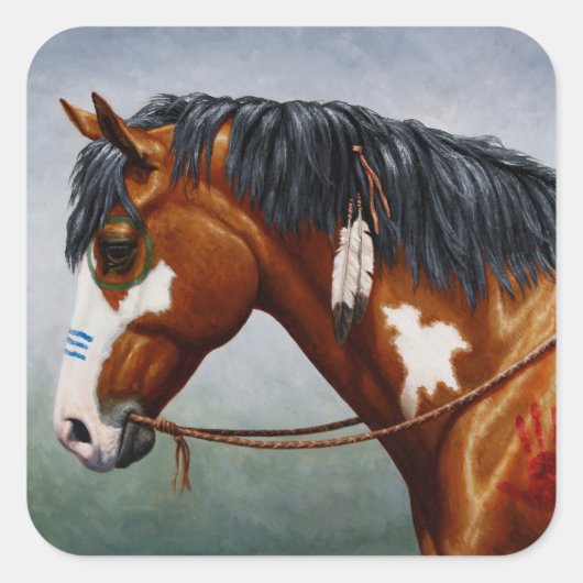 Native American Bay Pinto War Horse Vierkante Sticker (Voorkant)