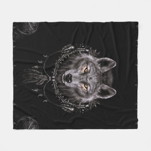 Native American Black Wolf Fleece Deken (Voorkant (Horizontaal))