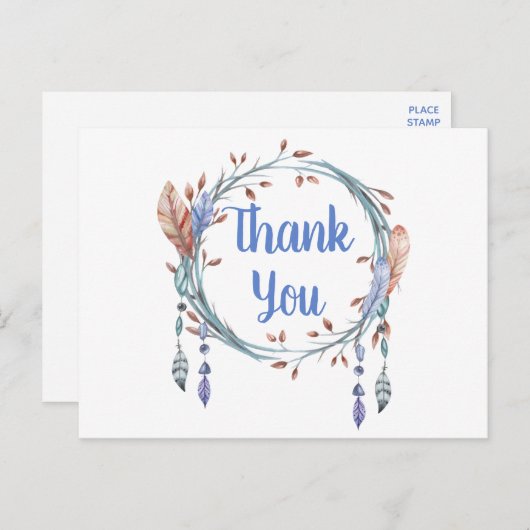 Native American Blue Tribal Feather Boho Bedankt Briefkaart (Voorkant / Achterkant)