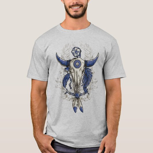 Native American BULL SKULL blue T-shirt (Voorkant)
