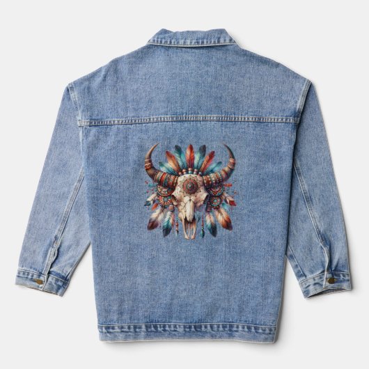 Native American Bull Skull Vrouwen Denim Jas Denim Jacket (Achterkant)