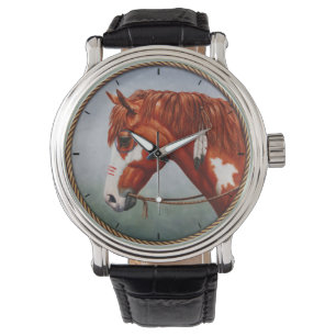 Native American Chestnut Pinto War Horse Horloge