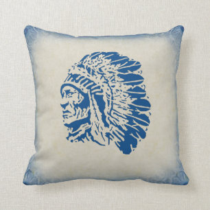 Native American Chief Blue Silhouette Pillow Kussen