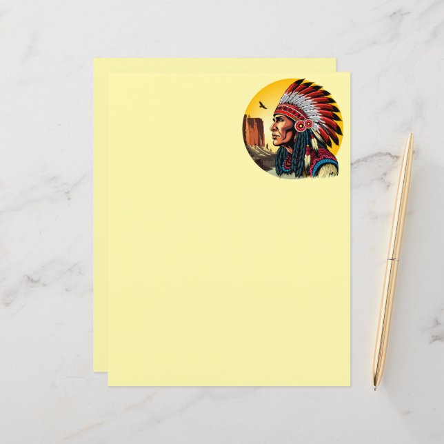 Native American Chief op wilde landschap zonsonder (Voorkant / Achterkant in situ)