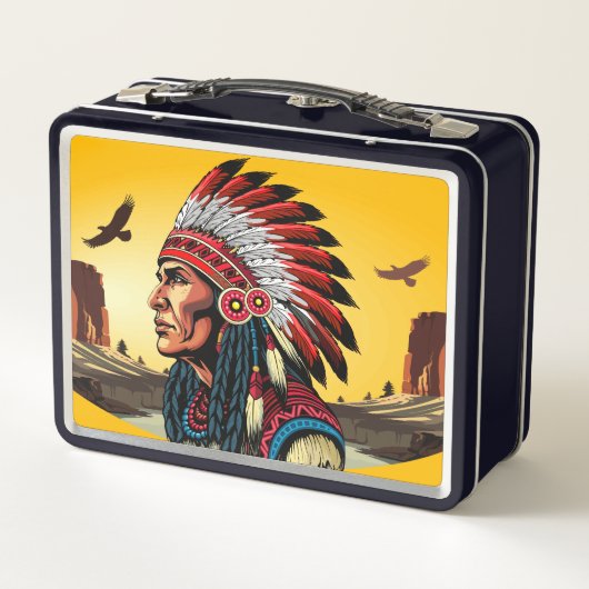 Native American Chief op wilde landschap zonsonder (Achterkant)