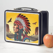 Native American Chief op wilde landschap zonsonder (In situ)