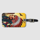 Native American Chief op wilde landschap zonsonder Bagagelabel (Voorkant (horizontaal))