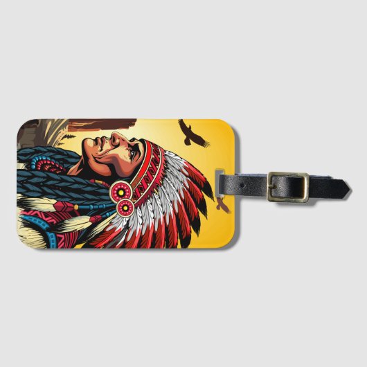 Native American Chief op wilde landschap zonsonder Bagagelabel (Voorkant (horizontaal))