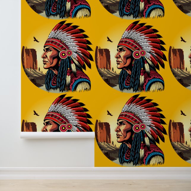 Native American Chief op wilde landschap zonsonder Behang (Applicatie)