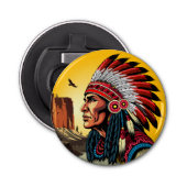 Native American Chief op wilde landschap zonsonder Button Flesopener (Voorkant)