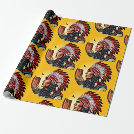 Native American Chief op wilde landschap zonsonder Cadeaupapier (Uitgerold)