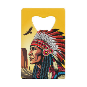 Native American Chief op wilde landschap zonsonder Creditkaart Flessenopener
