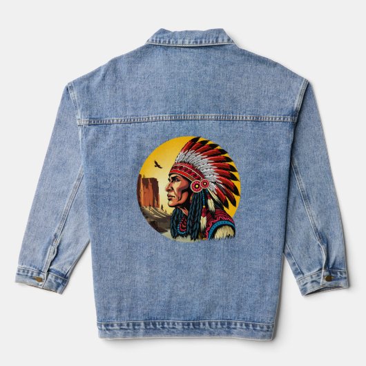 Native American Chief op wilde landschap zonsonder Denim Jacket (Achterkant)