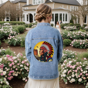 Native American Chief op wilde landschap zonsonder Denim Jacket