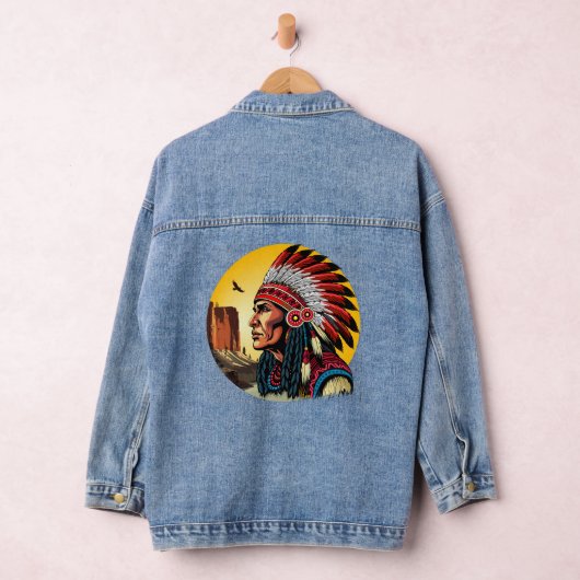 Native American Chief op wilde landschap zonsonder Denim Jacket (Hangar)