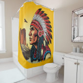 Native American Chief op wilde landschap zonsonder Douchegordijn (In situ)