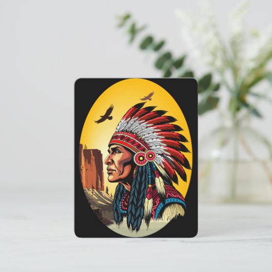 Native American Chief op wilde landschap zonsonder Feestdagenkaart (Staand voorkant)