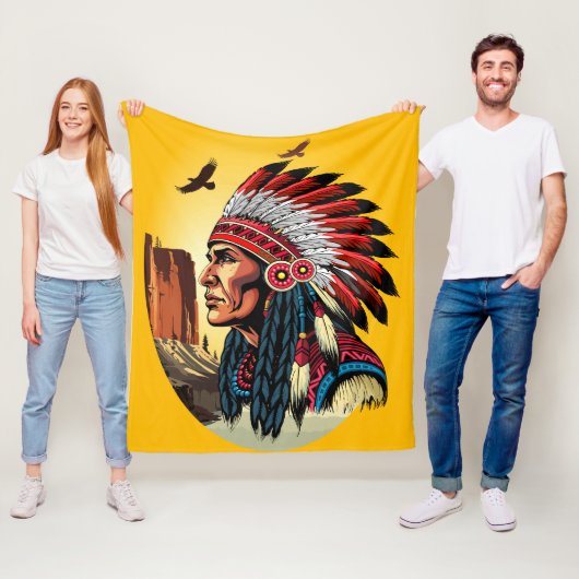 Native American Chief op wilde landschap zonsonder Fleece Deken (In situ)
