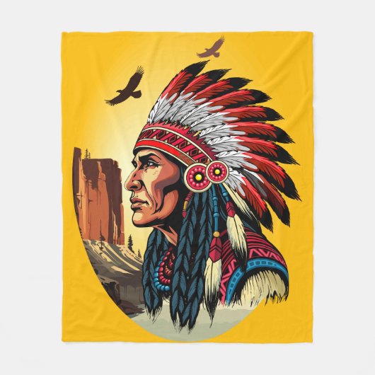 Native American Chief op wilde landschap zonsonder Fleece Deken (Voorkant)