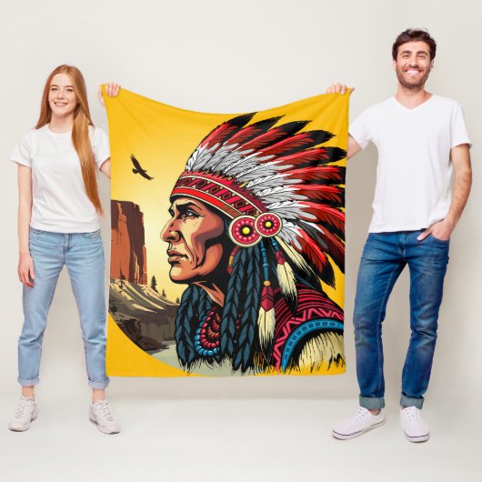 Native American Chief op wilde landschap zonsonder Fleece Deken (In situ)