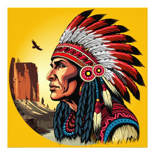 Native American Chief op wilde landschap zonsonder Foto Afdruk (Voorkant)